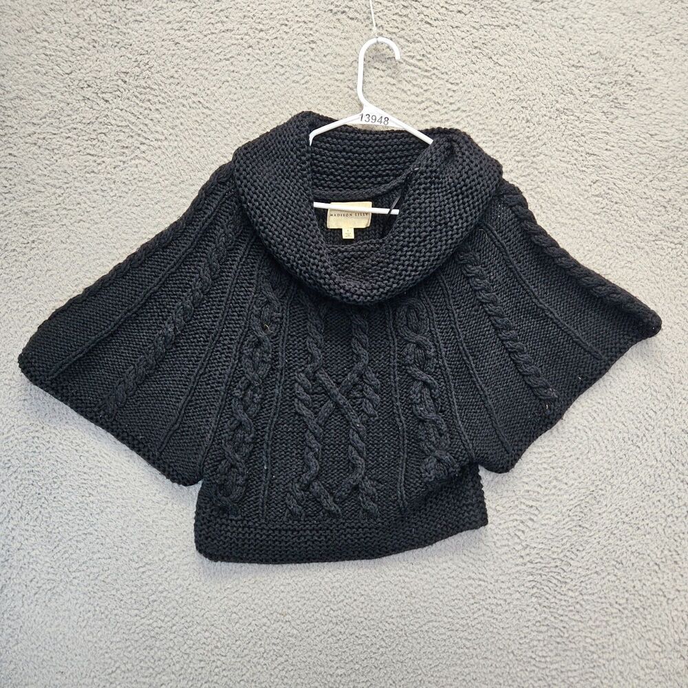 Madison‎ Lilly Sweater Womens Small Black Cowl Neck Poncho Cable Knit